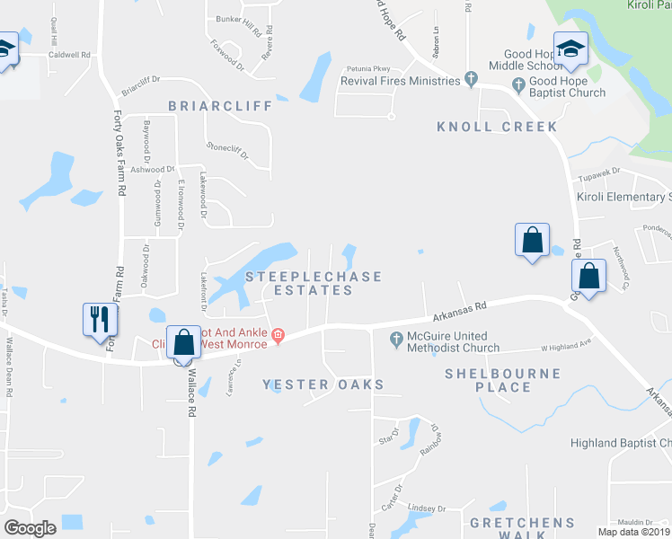 map of restaurants, bars, coffee shops, grocery stores, and more near 121 Mizell Lane in West Monroe