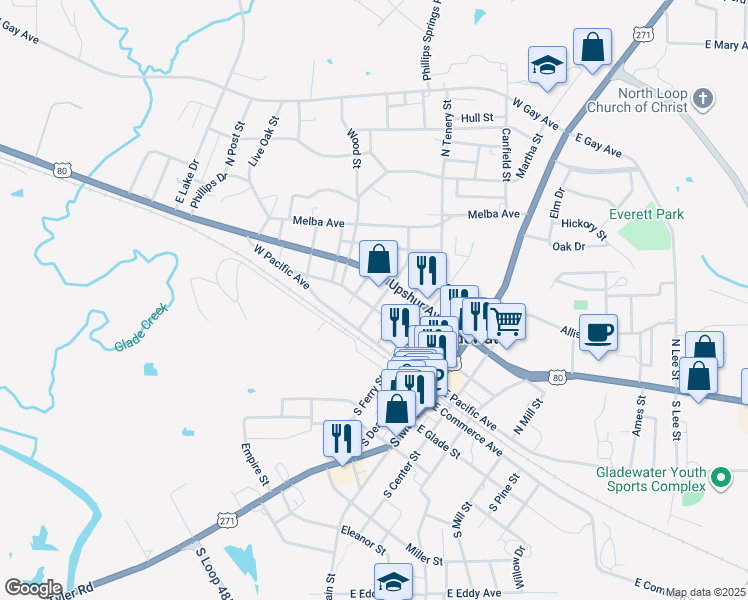 map of restaurants, bars, coffee shops, grocery stores, and more near 500 West Quitman Avenue in Gladewater