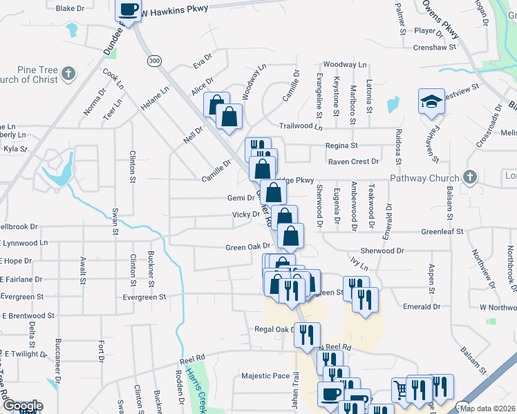 map of restaurants, bars, coffee shops, grocery stores, and more near 2815 Gilmer Road in Longview
