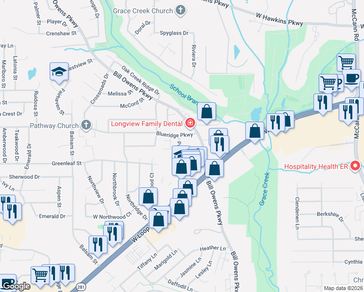map of restaurants, bars, coffee shops, grocery stores, and more near 2725 Patio Street in Longview