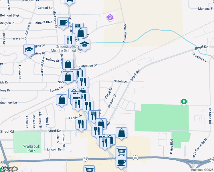 map of restaurants, bars, coffee shops, grocery stores, and more near 3009 Gaines Street in Bossier City