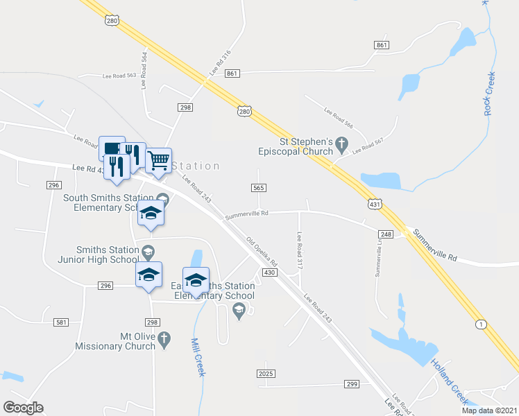 map of restaurants, bars, coffee shops, grocery stores, and more near 1 County Road 565 in Smiths Station