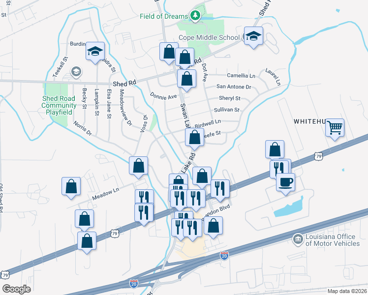 map of restaurants, bars, coffee shops, grocery stores, and more near 1024 Shirley Lane in Bossier City