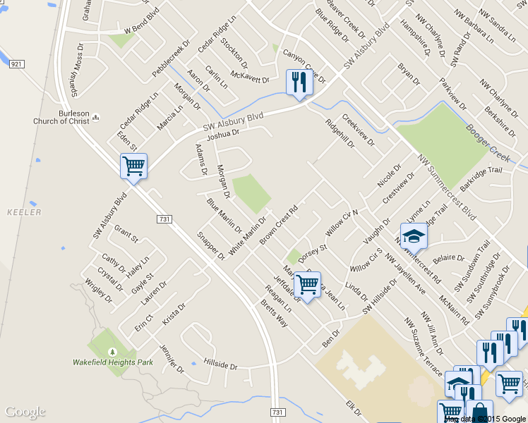 map of restaurants, bars, coffee shops, grocery stores, and more near 926 White Marlin Drive in Burleson