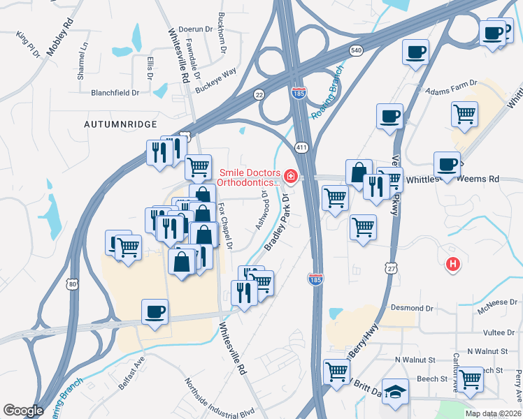 map of restaurants, bars, coffee shops, grocery stores, and more near 6401 Ashwood Drive in Columbus