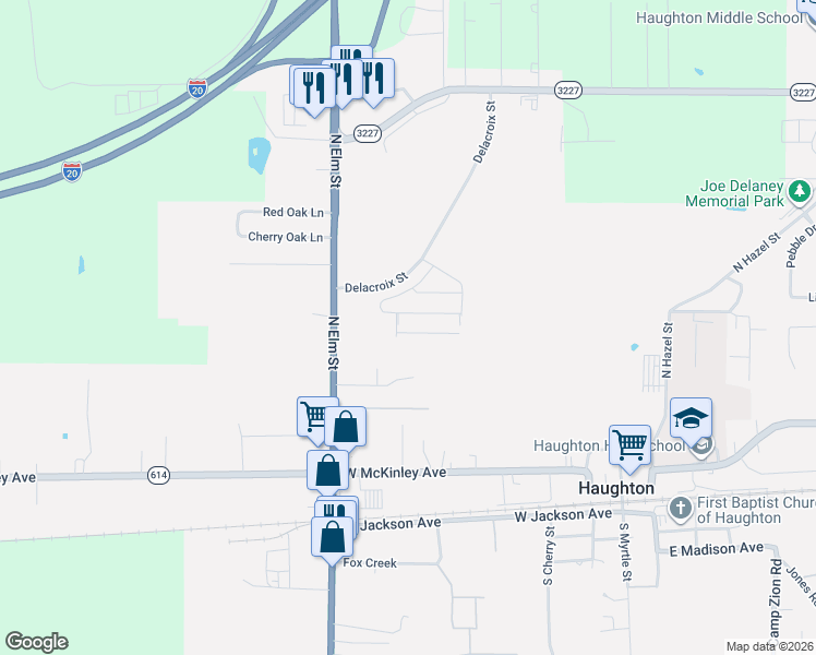 map of restaurants, bars, coffee shops, grocery stores, and more near 314 North Elm Street in Haughton