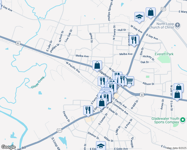 map of restaurants, bars, coffee shops, grocery stores, and more near 500 West Quitman Avenue in Gladewater