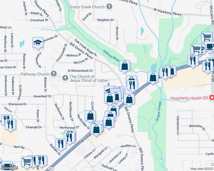 map of restaurants, bars, coffee shops, grocery stores, and more near 2725 Patio Street in Longview