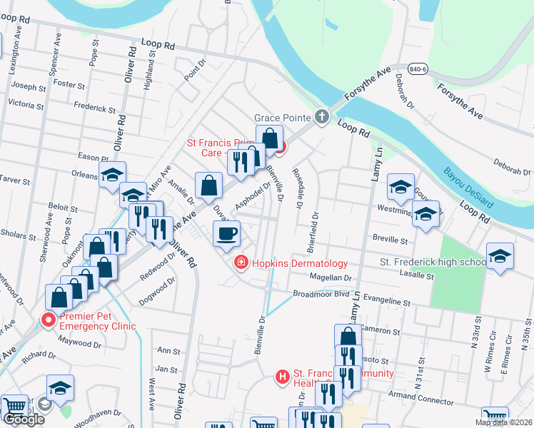 map of restaurants, bars, coffee shops, grocery stores, and more near 2100 Rosedown Drive in Monroe