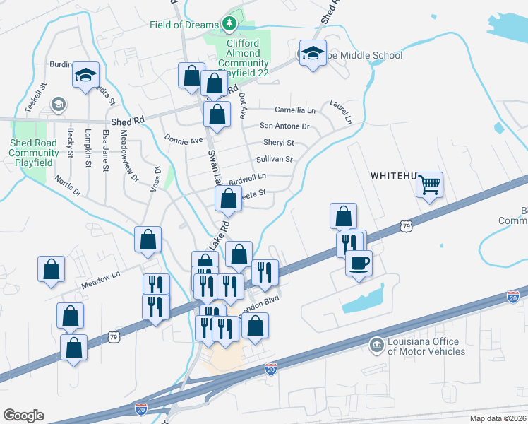 map of restaurants, bars, coffee shops, grocery stores, and more near 4718 Bruce Street in Bossier City