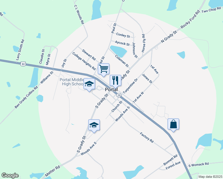 map of restaurants, bars, coffee shops, grocery stores, and more near in Portal