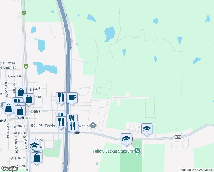 map of restaurants, bars, coffee shops, grocery stores, and more near in Ferris