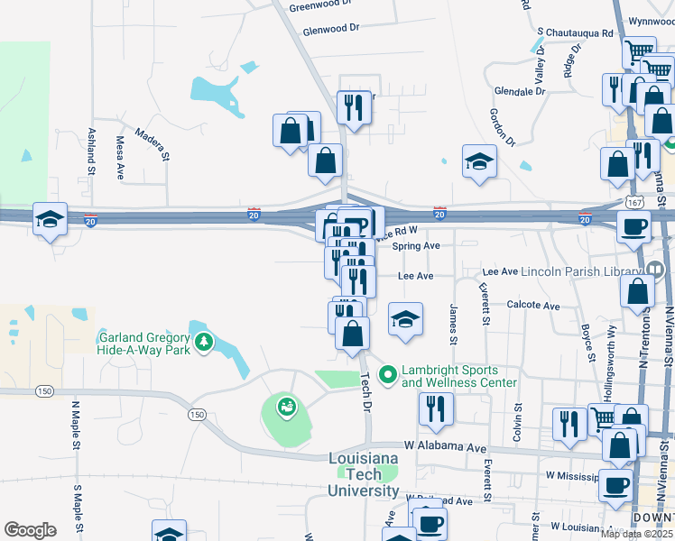 map of restaurants, bars, coffee shops, grocery stores, and more near 1121 Cooktown Road in Ruston