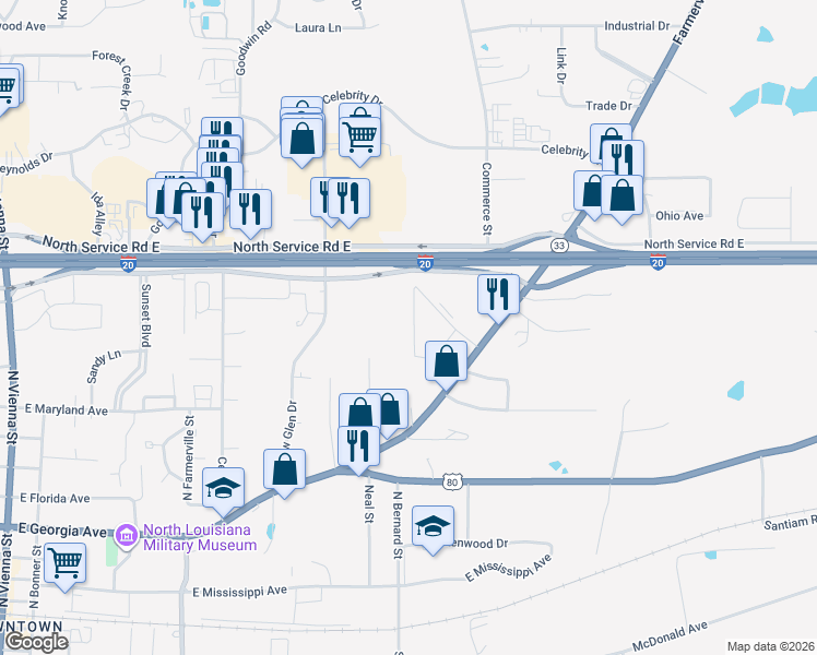 map of restaurants, bars, coffee shops, grocery stores, and more near 1212 Fairfield Drive in Ruston