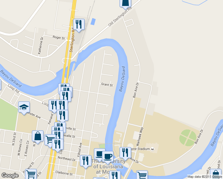 map of restaurants, bars, coffee shops, grocery stores, and more near 3714 Grant St in Monroe
