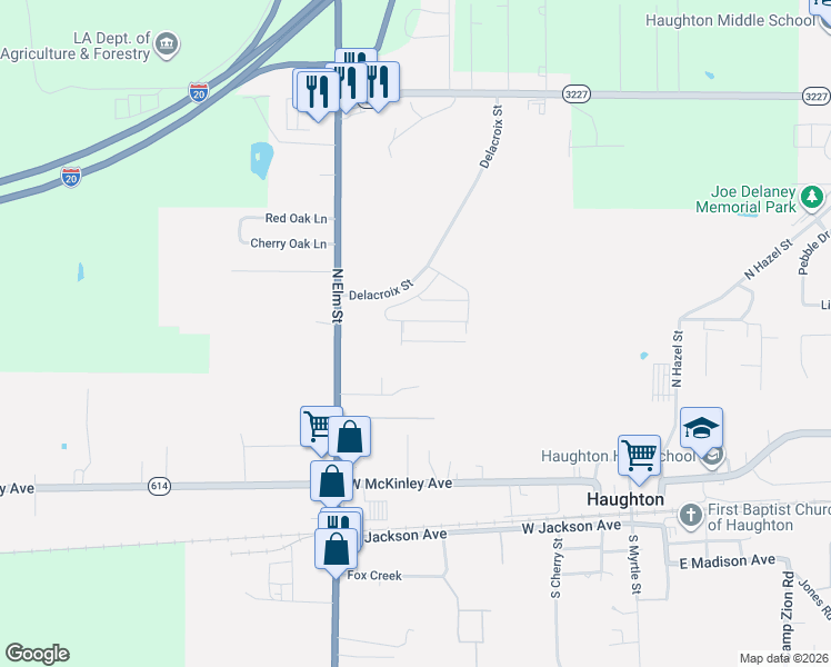 map of restaurants, bars, coffee shops, grocery stores, and more near 321 North Elm Street in Haughton