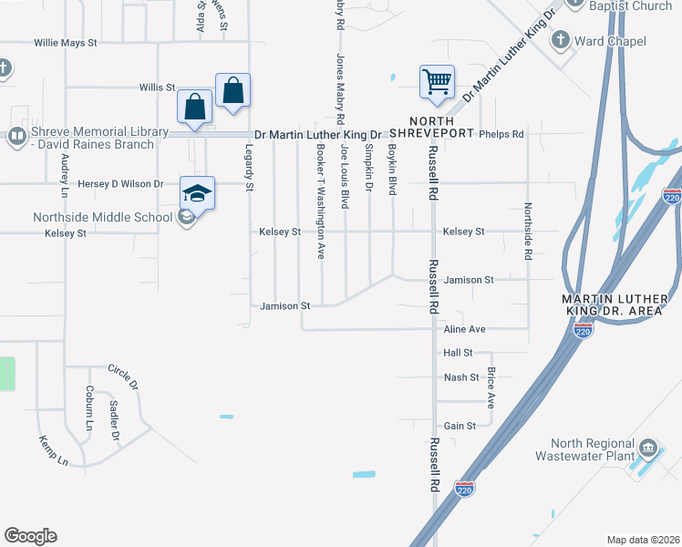 map of restaurants, bars, coffee shops, grocery stores, and more near 1730 Joe Louis Boulevard in Shreveport