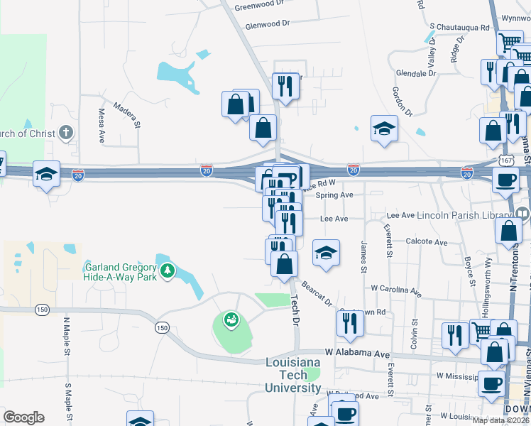 map of restaurants, bars, coffee shops, grocery stores, and more near 1201 Gains Avenue in Ruston