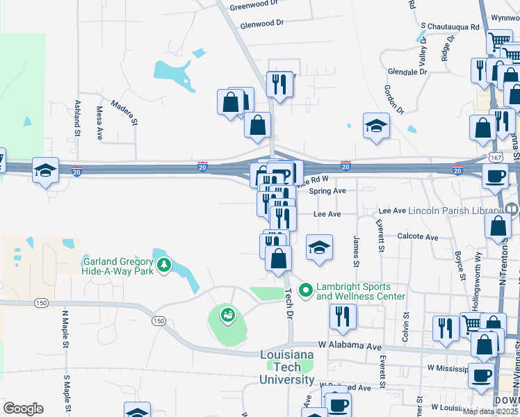 map of restaurants, bars, coffee shops, grocery stores, and more near 1121 Cooktown Road in Ruston