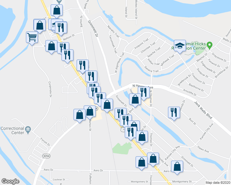 map of restaurants, bars, coffee shops, grocery stores, and more near 1598 Grimmett Drive in Shreveport