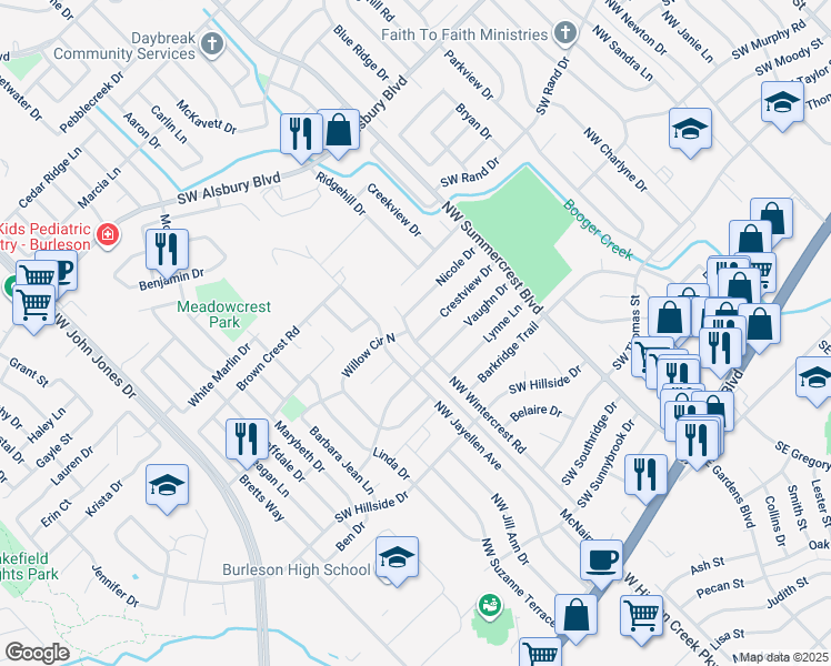 map of restaurants, bars, coffee shops, grocery stores, and more near 836 Crestview Drive in Burleson