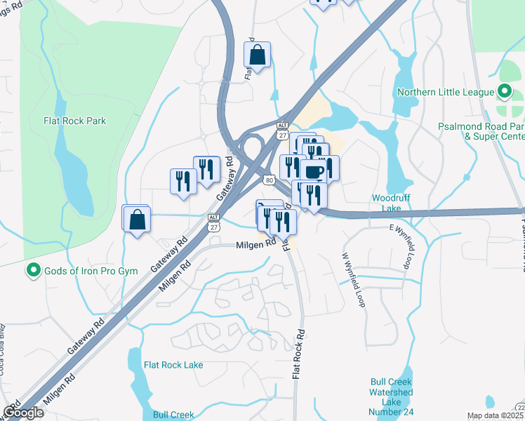 map of restaurants, bars, coffee shops, grocery stores, and more near 6425 Flat Rock Road in Columbus