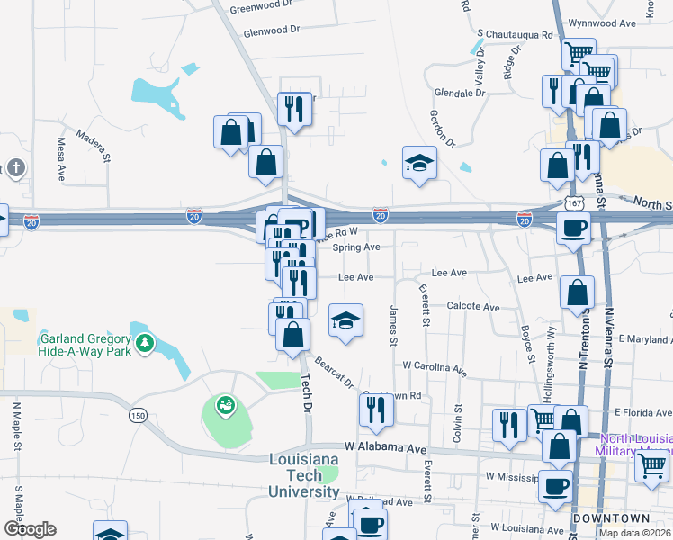 map of restaurants, bars, coffee shops, grocery stores, and more near 1001 Arnold Street in Ruston