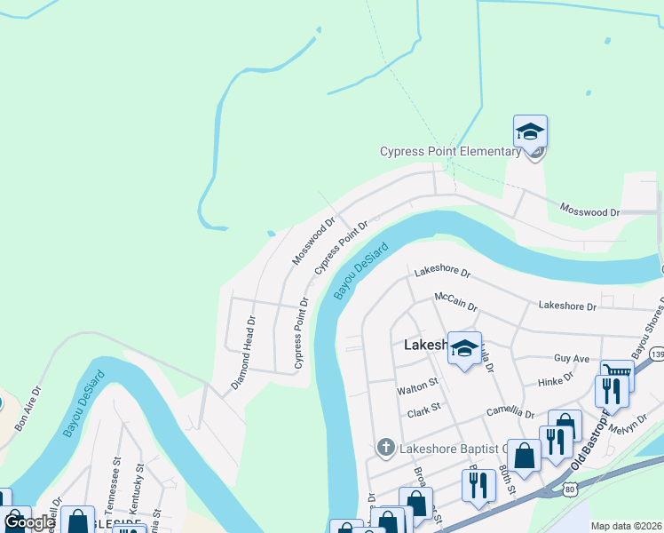 map of restaurants, bars, coffee shops, grocery stores, and more near 6412 Cypress Point Dr in Monroe