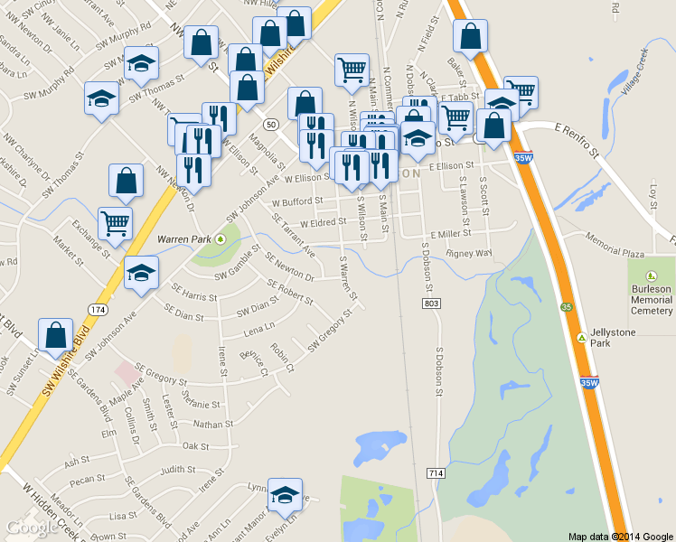 map of restaurants, bars, coffee shops, grocery stores, and more near 324 South Warren Street in Burleson