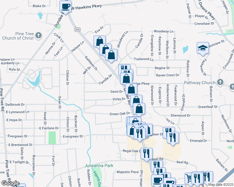 map of restaurants, bars, coffee shops, grocery stores, and more near 710 Gemi Drive in Longview