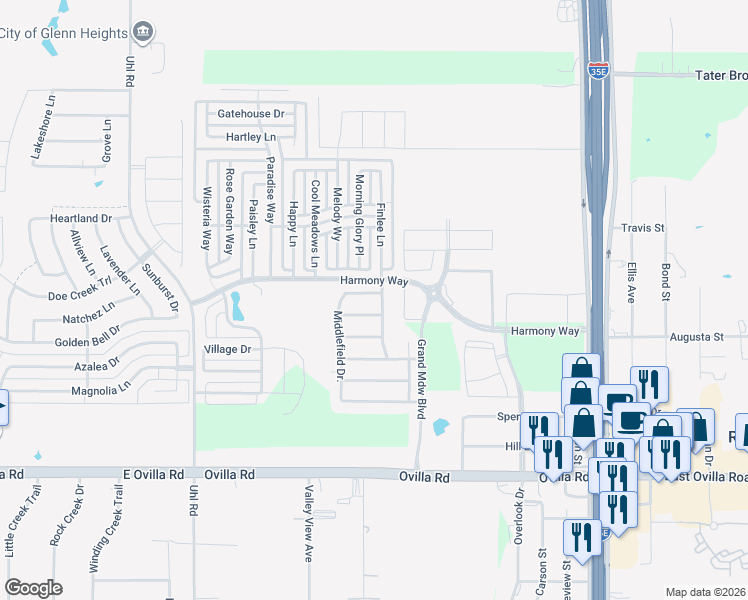 map of restaurants, bars, coffee shops, grocery stores, and more near 2600 Ovilla Road in Red Oak