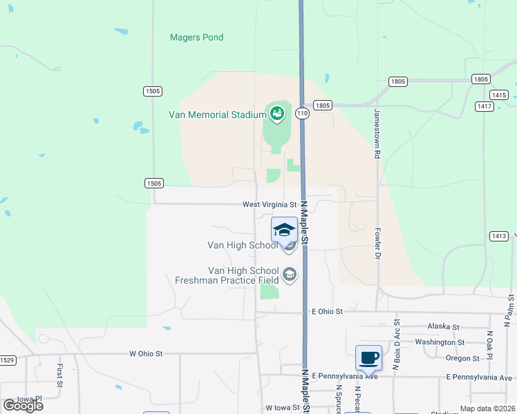 map of restaurants, bars, coffee shops, grocery stores, and more near 259 West Virginia Street in Van