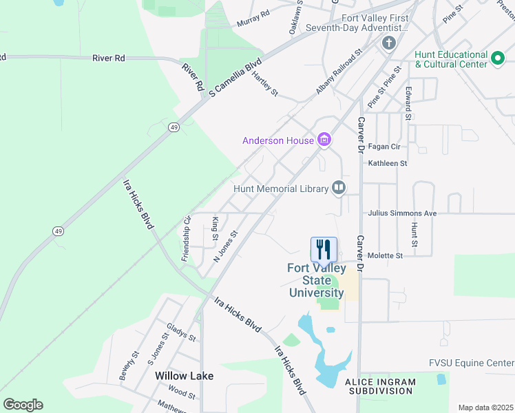 map of restaurants, bars, coffee shops, grocery stores, and more near 30 Friendship Circle in Fort Valley
