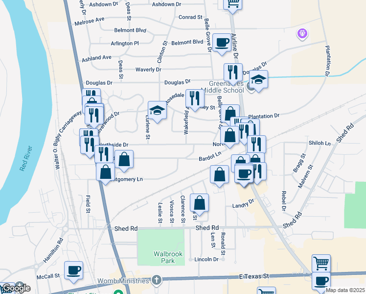 map of restaurants, bars, coffee shops, grocery stores, and more near 2534 Northside Drive in Bossier City