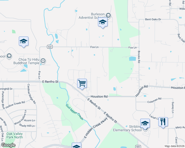 map of restaurants, bars, coffee shops, grocery stores, and more near 1537 Houston Road in Burleson