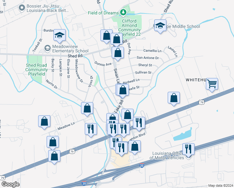map of restaurants, bars, coffee shops, grocery stores, and more near 4604 Okeefe Street in Bossier City