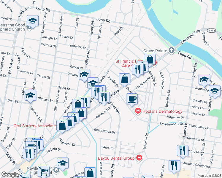 map of restaurants, bars, coffee shops, grocery stores, and more near 2323 Forsythe Avenue in Monroe