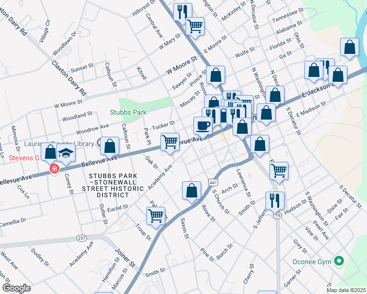 map of restaurants, bars, coffee shops, grocery stores, and more near 505 Academy Avenue in Dublin