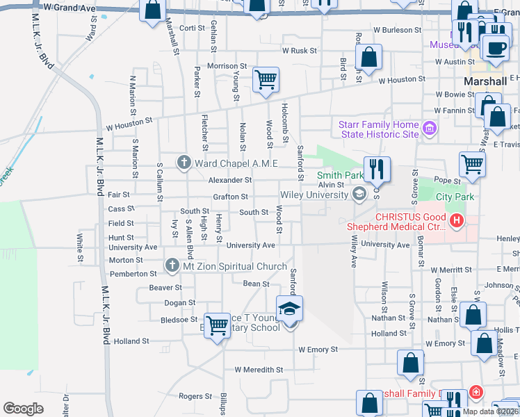 map of restaurants, bars, coffee shops, grocery stores, and more near 1510 South Street in Marshall