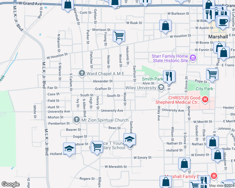 map of restaurants, bars, coffee shops, grocery stores, and more near 1510 South Street in Marshall