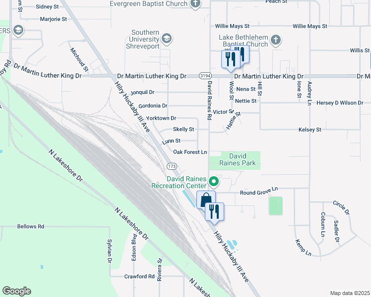 map of restaurants, bars, coffee shops, grocery stores, and more near 3020 Oak Forest Lane in Shreveport