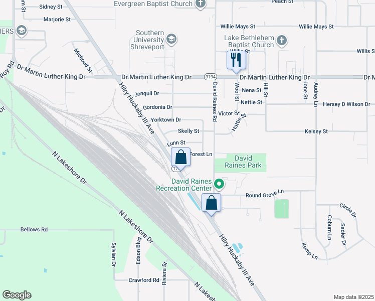 map of restaurants, bars, coffee shops, grocery stores, and more near 3020 Oak Forest Lane in Shreveport