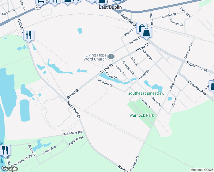 map of restaurants, bars, coffee shops, grocery stores, and more near 115 Lakeview Drive in East Dublin