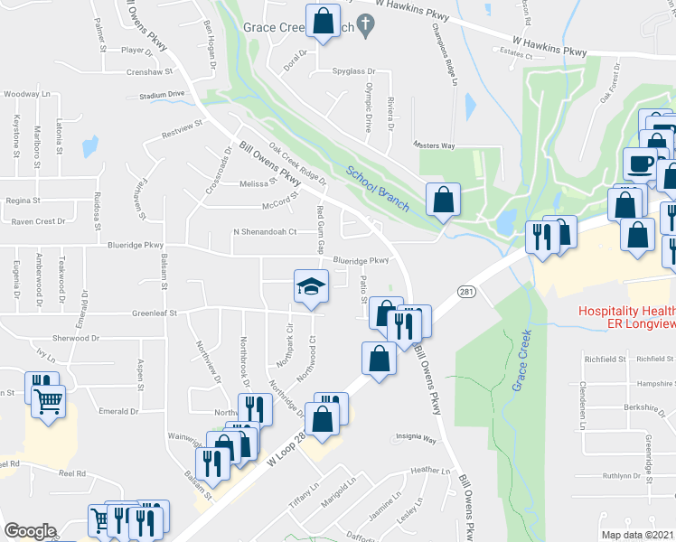 map of restaurants, bars, coffee shops, grocery stores, and more near 2701 Woodhaven Court in Longview