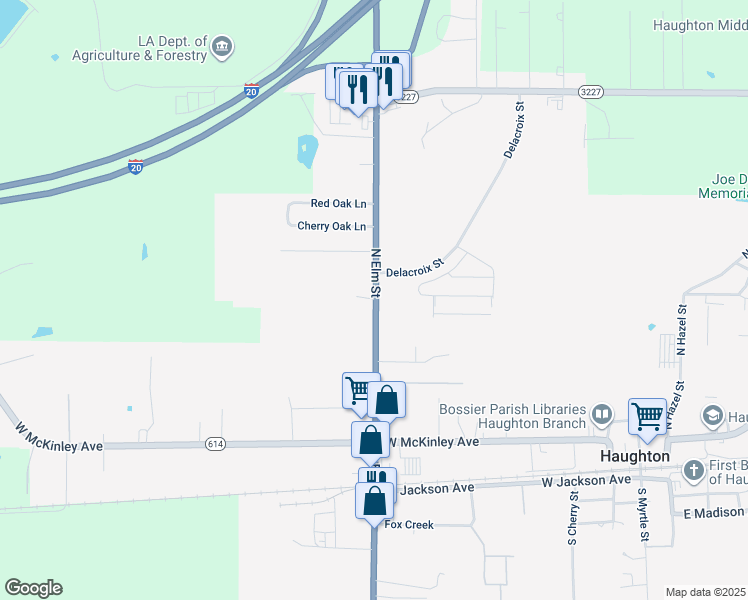map of restaurants, bars, coffee shops, grocery stores, and more near 314 North Elm Street in Haughton