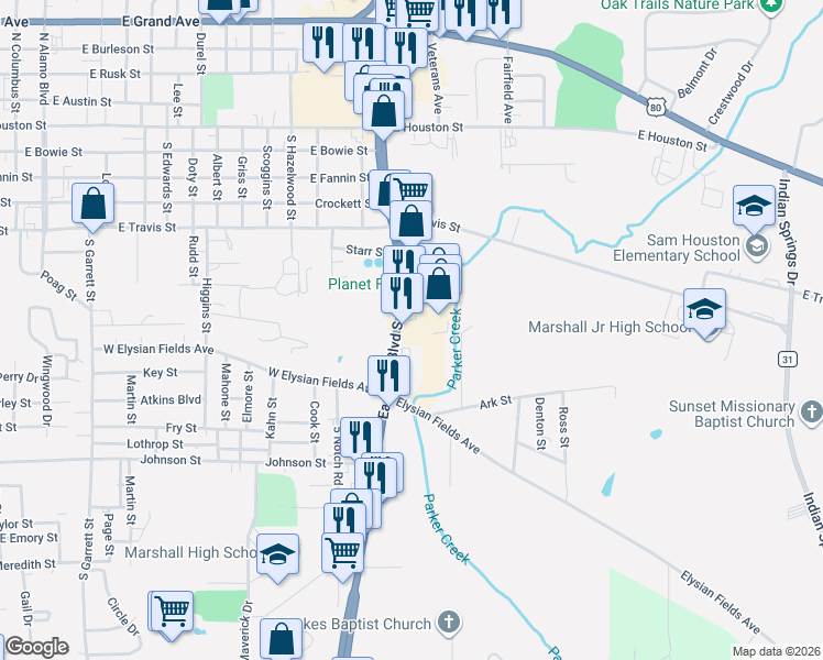 map of restaurants, bars, coffee shops, grocery stores, and more near 700 South East End Boulevard in Marshall