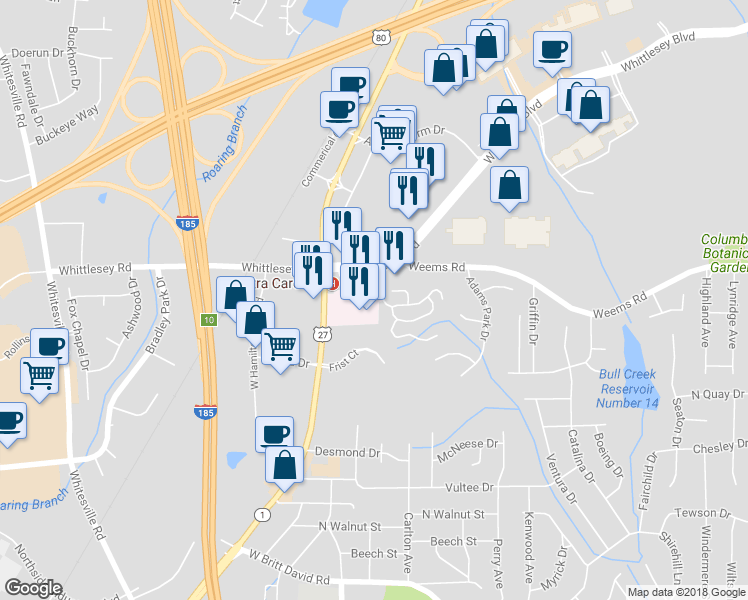 map of restaurants, bars, coffee shops, grocery stores, and more near 6385 Main Street in Columbus