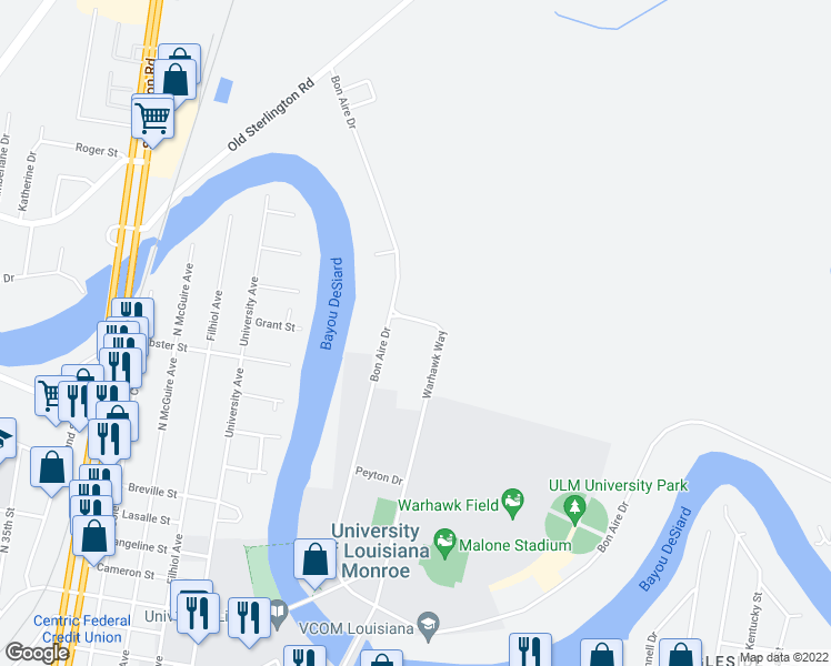 map of restaurants, bars, coffee shops, grocery stores, and more near 801 Warhawk Way in Monroe