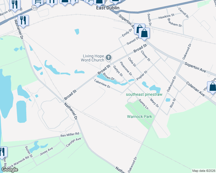 map of restaurants, bars, coffee shops, grocery stores, and more near 115 Lakeview Drive in East Dublin