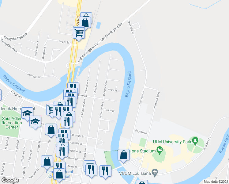 map of restaurants, bars, coffee shops, grocery stores, and more near 3712 Grant Street in Monroe